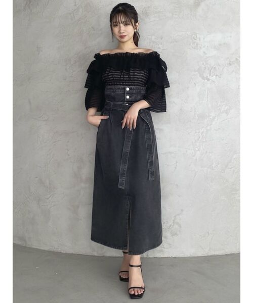 dazzlin（ダズリン）の「スーパーハイウエストIラインスカート（デニムスカート・レディース・ブラック/インディゴブルー・MEDIUM/SMALL）」の7枚目の写真