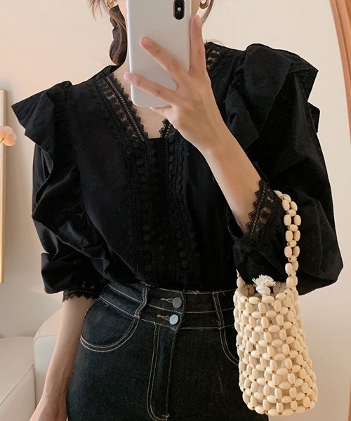 Miniministore(ミニミニストア)の「フリルブラウス レース切替ブラウス 薄手(シャツ/ブラウス・レディース・ホワイト/ブラック・FREE)」の2枚目の写真