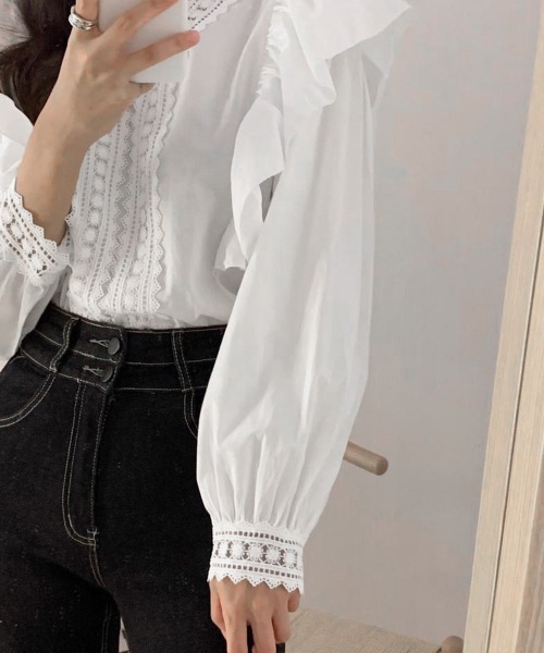 Miniministore(ミニミニストア)の「フリルブラウス レース切替ブラウス 薄手(シャツ/ブラウス・レディース・ホワイト/ブラック・FREE)」の3枚目の写真