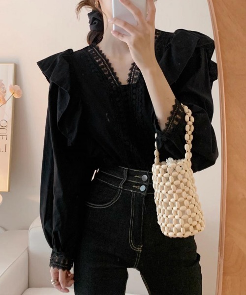 Miniministore(ミニミニストア)の「フリルブラウス レース切替ブラウス 薄手(シャツ/ブラウス・レディース・ホワイト/ブラック・FREE)」の21枚目の写真