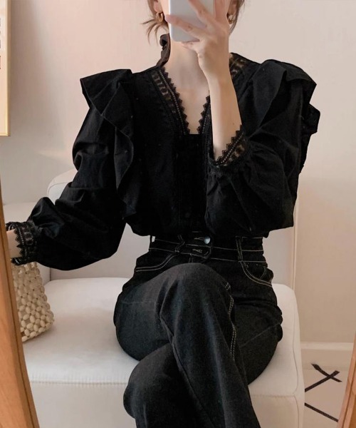 Miniministore(ミニミニストア)の「フリルブラウス レース切替ブラウス 薄手(シャツ/ブラウス・レディース・ホワイト/ブラック・FREE)」の20枚目の写真