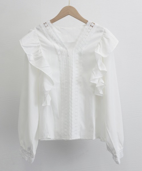 Miniministore(ミニミニストア)の「フリルブラウス レース切替ブラウス 薄手(シャツ/ブラウス・レディース・ホワイト/ブラック・FREE)」の14枚目の写真