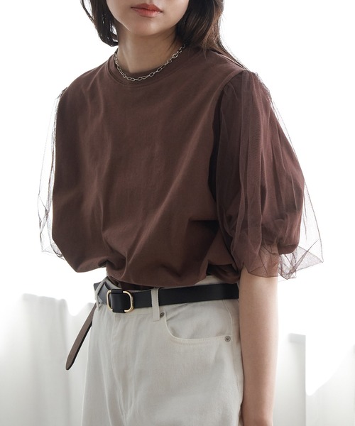 VENCEEXCHANGE（ヴァンスエクスチェンジ）の「チュールスリーブTシャツ（Tシャツ/カットソー・レディース・ブラウン/チャコール/ブラック/オフホワイト・FREE）」の4枚目の写真