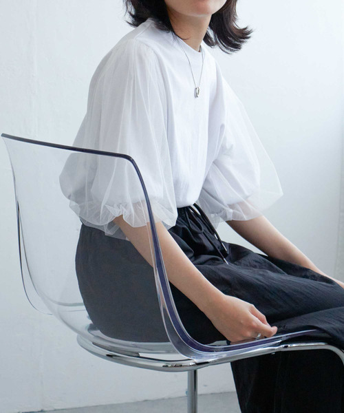 VENCEEXCHANGE（ヴァンスエクスチェンジ）の「チュールスリーブTシャツ（Tシャツ/カットソー・レディース・ブラウン/チャコール/ブラック/オフホワイト・FREE）」の2枚目の写真