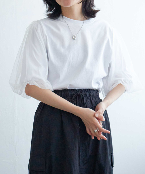 VENCEEXCHANGE（ヴァンスエクスチェンジ）の「チュールスリーブTシャツ（Tシャツ/カットソー・レディース・ブラウン/チャコール/ブラック/オフホワイト・FREE）」の5枚目の写真