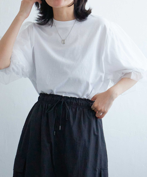 VENCEEXCHANGE（ヴァンスエクスチェンジ）の「チュールスリーブTシャツ（Tシャツ/カットソー・レディース・ブラウン/チャコール/ブラック/オフホワイト・FREE）」の6枚目の写真