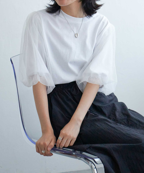 VENCEEXCHANGE（ヴァンスエクスチェンジ）の「チュールスリーブTシャツ（Tシャツ/カットソー・レディース・ブラウン/チャコール/ブラック/オフホワイト・FREE）」の7枚目の写真