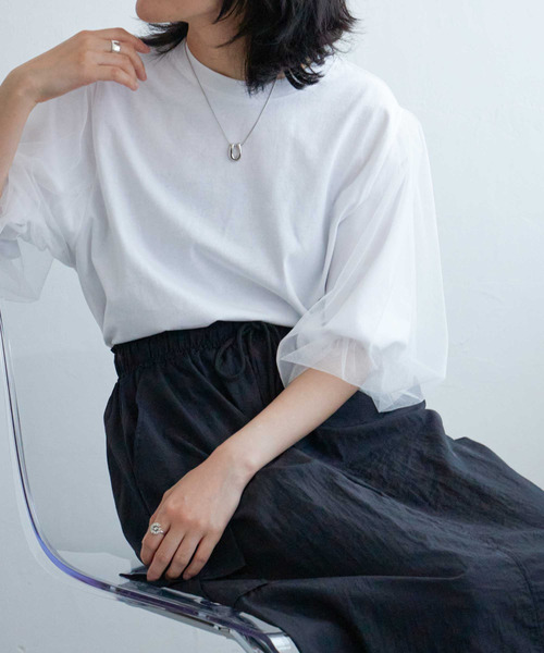 VENCEEXCHANGE（ヴァンスエクスチェンジ）の「チュールスリーブTシャツ（Tシャツ/カットソー・レディース・ブラウン/チャコール/ブラック/オフホワイト・FREE）」の8枚目の写真