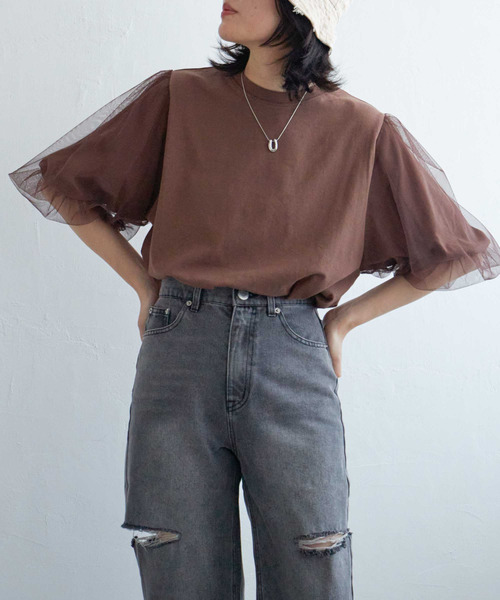VENCEEXCHANGE（ヴァンスエクスチェンジ）の「チュールスリーブTシャツ（Tシャツ/カットソー・レディース・ブラウン/チャコール/ブラック/オフホワイト・FREE）」の12枚目の写真