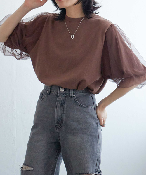 VENCEEXCHANGE（ヴァンスエクスチェンジ）の「チュールスリーブTシャツ（Tシャツ/カットソー・レディース・ブラウン/チャコール/ブラック/オフホワイト・FREE）」の13枚目の写真