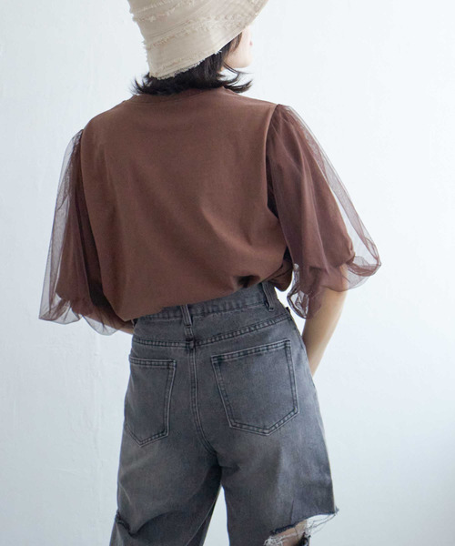 VENCEEXCHANGE（ヴァンスエクスチェンジ）の「チュールスリーブTシャツ（Tシャツ/カットソー・レディース・ブラウン/チャコール/ブラック/オフホワイト・FREE）」の14枚目の写真