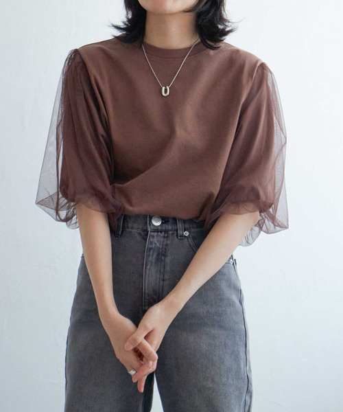 VENCEEXCHANGE（ヴァンスエクスチェンジ）の「チュールスリーブTシャツ（Tシャツ/カットソー・レディース・ブラウン/チャコール/ブラック/オフホワイト・FREE）」の11枚目の写真