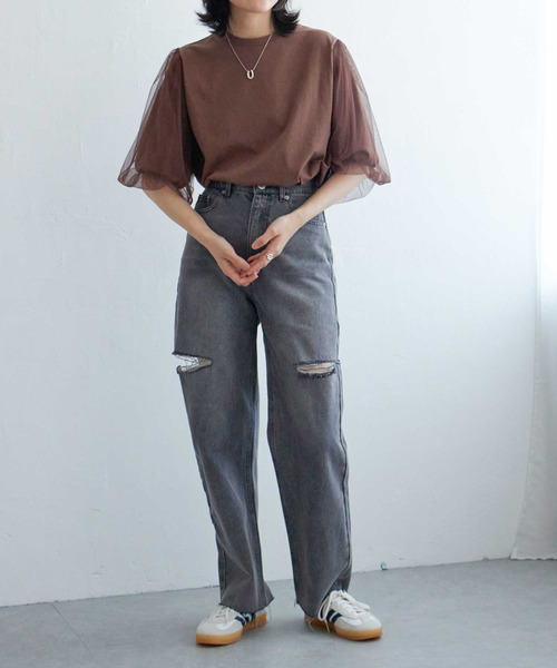 VENCEEXCHANGE（ヴァンスエクスチェンジ）の「チュールスリーブTシャツ（Tシャツ/カットソー・レディース・ブラウン/チャコール/ブラック/オフホワイト・FREE）」の19枚目の写真