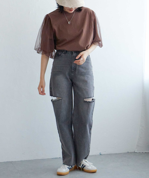 VENCEEXCHANGE（ヴァンスエクスチェンジ）の「チュールスリーブTシャツ（Tシャツ/カットソー・レディース・ブラウン/チャコール/ブラック/オフホワイト・FREE）」の20枚目の写真