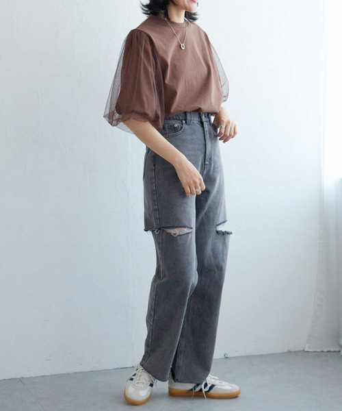 VENCEEXCHANGE（ヴァンスエクスチェンジ）の「チュールスリーブTシャツ（Tシャツ/カットソー・レディース・ブラウン/チャコール/ブラック/オフホワイト・FREE）」の21枚目の写真