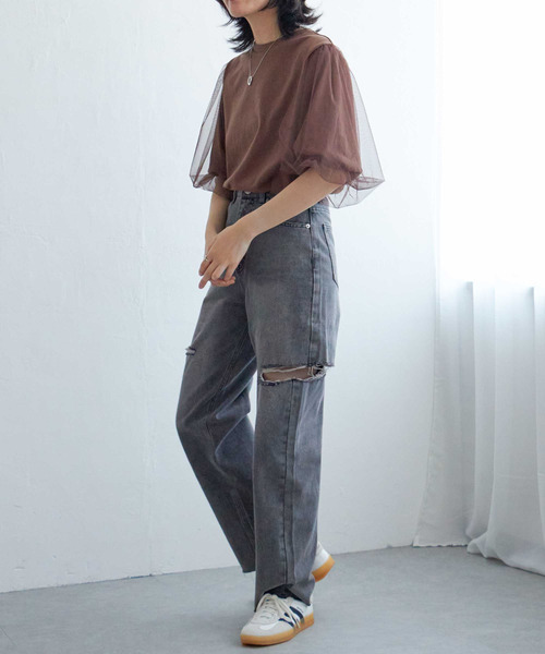 VENCEEXCHANGE（ヴァンスエクスチェンジ）の「チュールスリーブTシャツ（Tシャツ/カットソー・レディース・ブラウン/チャコール/ブラック/オフホワイト・FREE）」の22枚目の写真