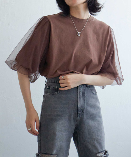 VENCEEXCHANGE（ヴァンスエクスチェンジ）の「チュールスリーブTシャツ（Tシャツ/カットソー・レディース・ブラウン/チャコール/ブラック/オフホワイト・FREE）」の18枚目の写真