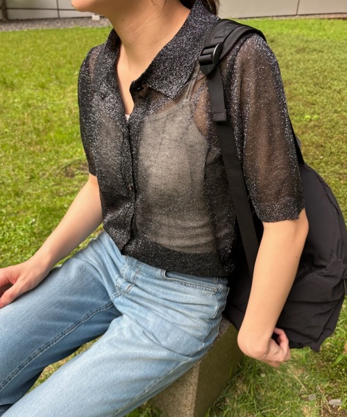 Birthday room（バースデイルーム）の「シアーラメニットポロ（ポロシャツ・レディース・ブラック/グレー・FREE）」の3枚目の写真