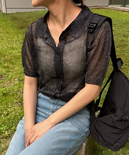 Birthday room（バースデイルーム）の「シアーラメニットポロ（ポロシャツ・レディース・ブラック/グレー・FREE）」の4枚目の写真