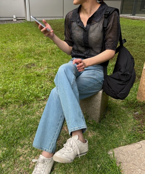 Birthday room（バースデイルーム）の「シアーラメニットポロ（ポロシャツ・レディース・ブラック/グレー・FREE）」の12枚目の写真