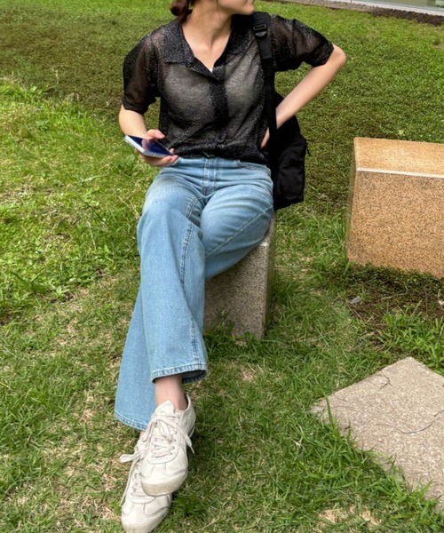 Birthday room（バースデイルーム）の「シアーラメニットポロ（ポロシャツ・レディース・ブラック/グレー・FREE）」の13枚目の写真