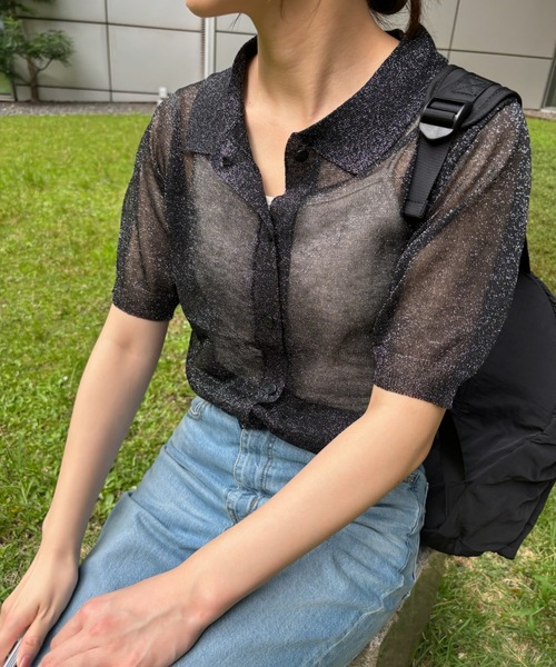 Birthday room（バースデイルーム）の「シアーラメニットポロ（ポロシャツ・レディース・ブラック/グレー・FREE）」の5枚目の写真