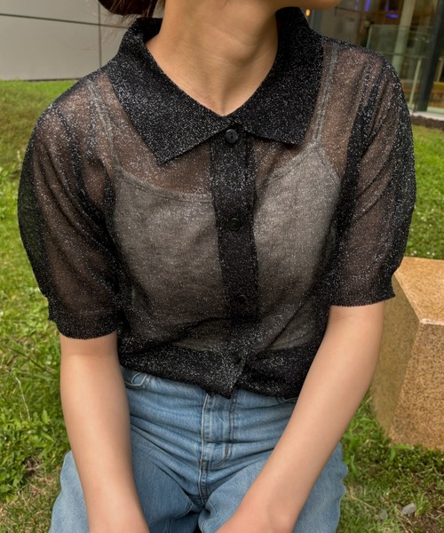 Birthday room（バースデイルーム）の「シアーラメニットポロ（ポロシャツ・レディース・ブラック/グレー・FREE）」の7枚目の写真