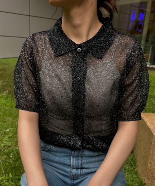 Birthday room（バースデイルーム）の「シアーラメニットポロ（ポロシャツ・レディース・ブラック/グレー・FREE）」の8枚目の写真