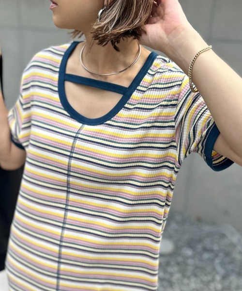 mi via loca(ミヴィアロカ)の「【2WAY】マルチボーダーテレコ半袖ワンピース(ワンピース・レディース・ブラック系/ブルー系/ピンク系・FREE)」の3枚目の写真