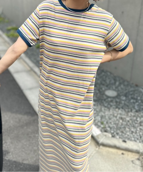 mi via loca(ミヴィアロカ)の「【2WAY】マルチボーダーテレコ半袖ワンピース(ワンピース・レディース・ブラック系/ブルー系/ピンク系・FREE)」の9枚目の写真