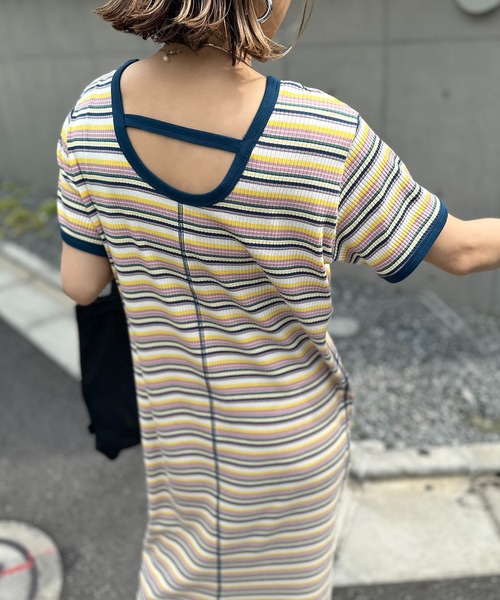 mi via loca(ミヴィアロカ)の「【2WAY】マルチボーダーテレコ半袖ワンピース(ワンピース・レディース・ブラック系/ブルー系/ピンク系・FREE)」の8枚目の写真
