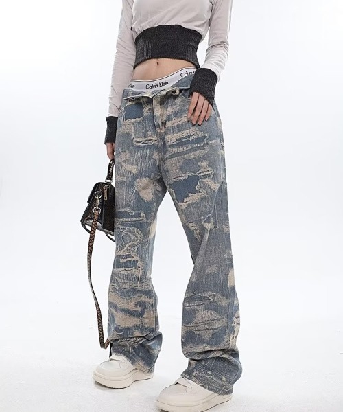 DEVICE（デバイス）の「トロンプルイユ柄 韓国 古着風 ダメージ ウォッシュ デニム エフェクト ワイド パンツ（デニムパンツ・レディース・ブルー・FREE）」の5枚目の写真