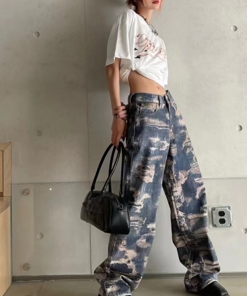 DEVICE（デバイス）の「トロンプルイユ柄 韓国 古着風 ダメージ ウォッシュ デニム エフェクト ワイド パンツ（デニムパンツ・レディース・ブルー・FREE）」の6枚目の写真