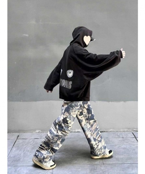 DEVICE（デバイス）の「トロンプルイユ柄 韓国 古着風 ダメージ ウォッシュ デニム エフェクト ワイド パンツ（デニムパンツ・レディース・ブルー・FREE）」の8枚目の写真