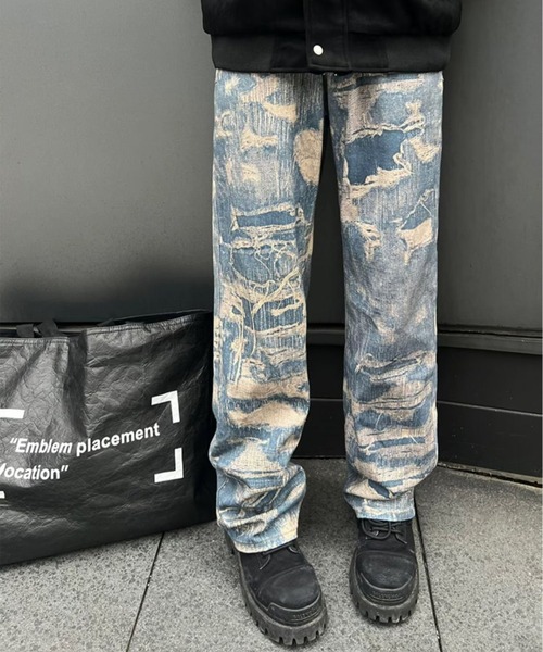 DEVICE（デバイス）の「トロンプルイユ柄 韓国 古着風 ダメージ ウォッシュ デニム エフェクト ワイド パンツ（デニムパンツ・レディース・ブルー・FREE）」の9枚目の写真