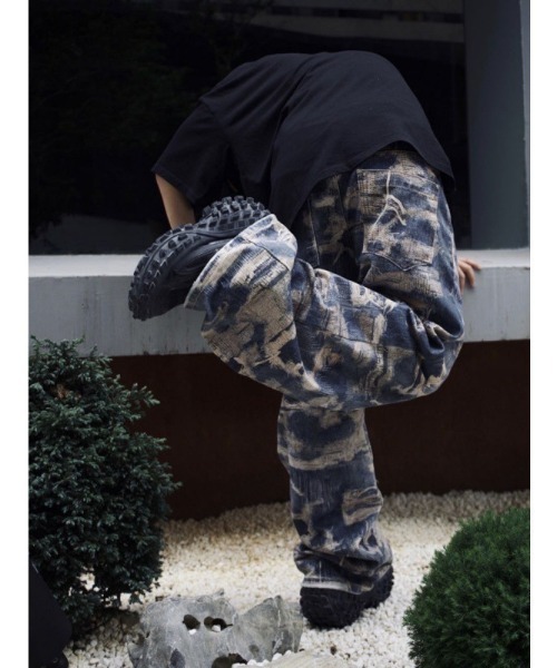 DEVICE（デバイス）の「トロンプルイユ柄 韓国 古着風 ダメージ ウォッシュ デニム エフェクト ワイド パンツ（デニムパンツ・レディース・ブルー・FREE）」の15枚目の写真