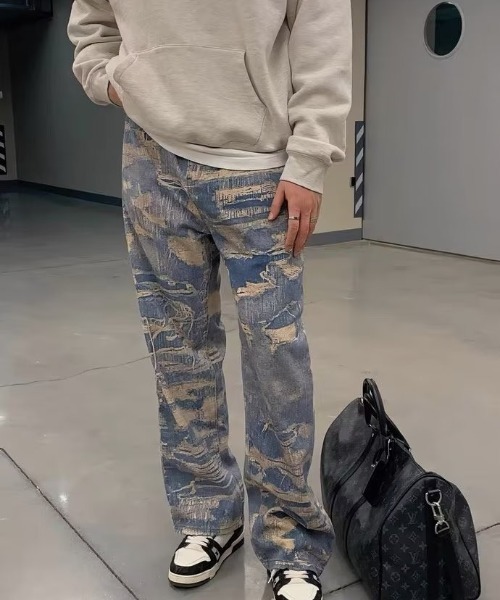 DEVICE（デバイス）の「トロンプルイユ柄 韓国 古着風 ダメージ ウォッシュ デニム エフェクト ワイド パンツ（デニムパンツ・レディース・ブルー・FREE）」の20枚目の写真