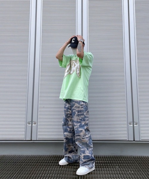 DEVICE（デバイス）の「トロンプルイユ柄 韓国 古着風 ダメージ ウォッシュ デニム エフェクト ワイド パンツ（デニムパンツ・レディース・ブルー・FREE）」の21枚目の写真