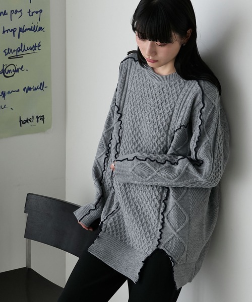 forksy.】【セットアップ対応】メロー配色ステッチケーブルニットプル