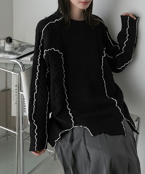 forksy.】【セットアップ対応】メロー配色ステッチケーブルニットプル