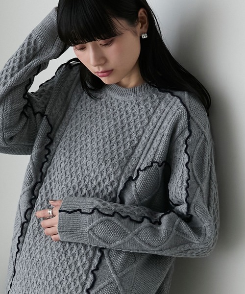 forksy.(フォルクシー)の「【forksy.】【セットアップ対応】メロー配色ステッチケーブルニットプルオーバー(ニット/セーター・レディース・ブラック/アイボリー/杢グレー/バーガンディー・FREE)」の10枚目の写真