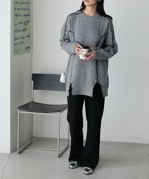 forksy.】【セットアップ対応】メロー配色ステッチケーブルニットプル