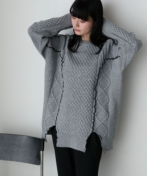 forksy.(フォルクシー)の「【forksy.】【セットアップ対応】メロー配色ステッチケーブルニットプルオーバー(ニット/セーター・レディース・ブラック/アイボリー/杢グレー/バーガンディー・FREE)」の15枚目の写真