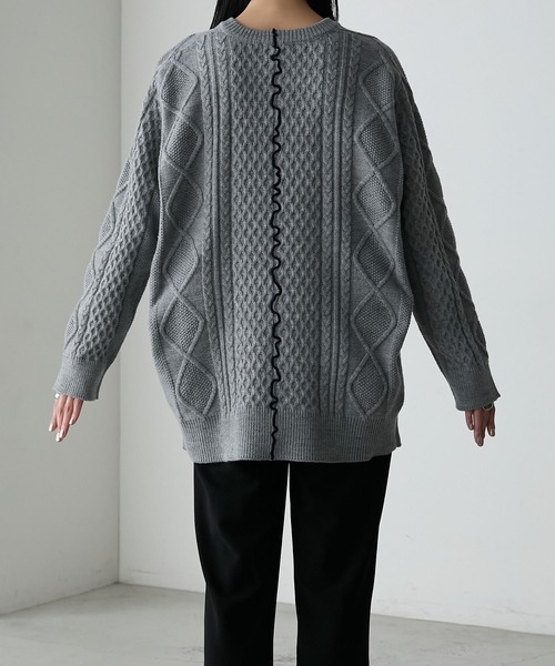 forksy.】【セットアップ対応】メロー配色ステッチケーブルニットプル