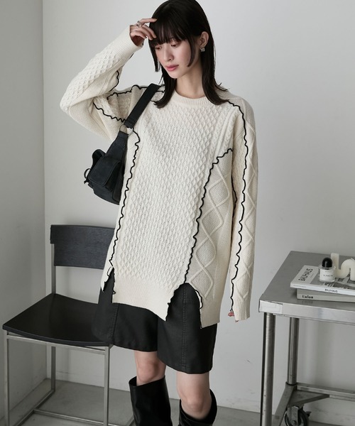 forksy.】【セットアップ対応】メロー配色ステッチケーブルニットプル