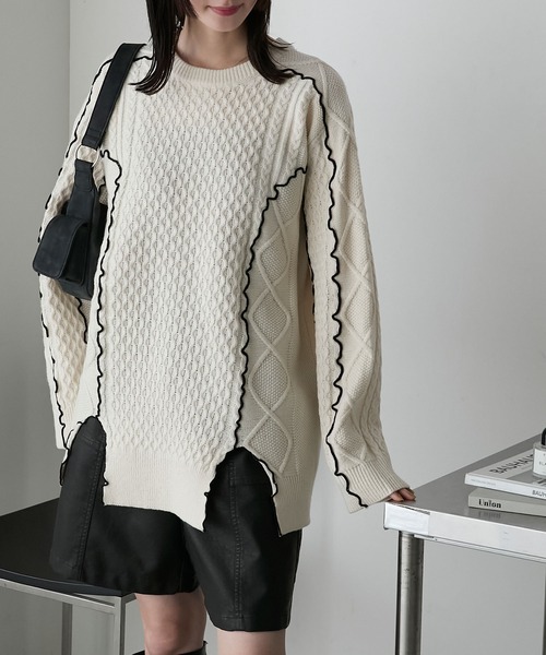 forksy.】【セットアップ対応】メロー配色ステッチケーブルニットプル