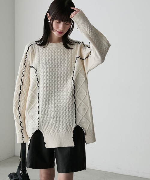 forksy.】【セットアップ対応】メロー配色ステッチケーブルニットプル