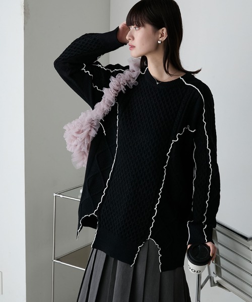 forksy.】【セットアップ対応】メロー配色ステッチケーブルニットプル