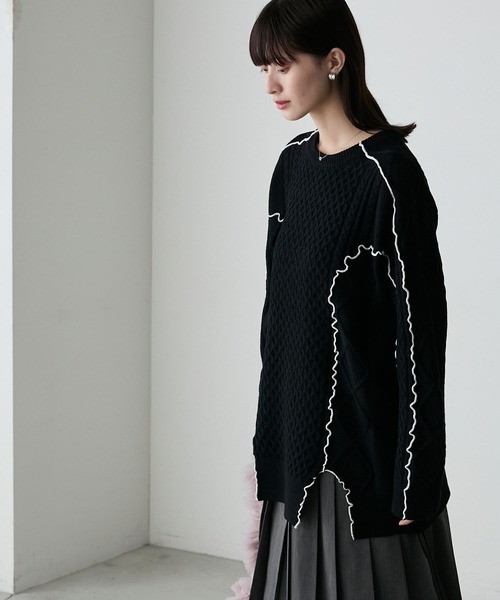 forksy.】【セットアップ対応】メロー配色ステッチケーブルニットプル