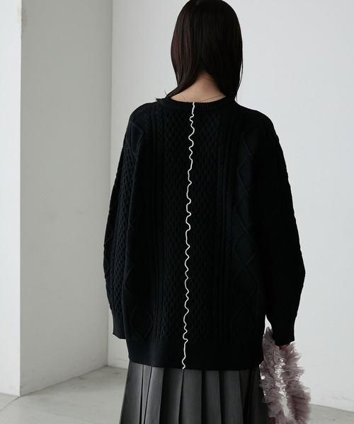 とれあ　HERG1 ケーブルニットブルゾン.黒ニット とれあ HERG1 ケーブルニットブルゾン.黒ニット 編地切替ケーブル